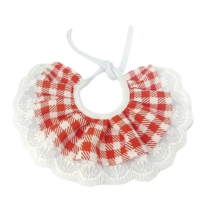 Red and white checkered pet bandana with wide white lace trim for dogs and cats