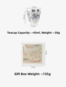 Detalle de taza de té con dragón plateado y caja de regalo con motivo de paisaje
