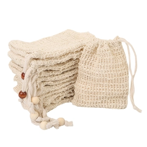Sisal mesh soap foaming bags with wooden beads and drawstring closure in cream white
