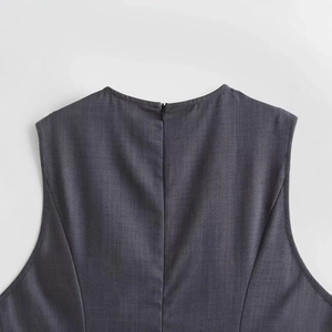 Women's dark grey sleeveless high waist dress with back zipper and round neckline