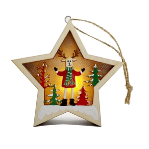 Lighted wooden star Christmas ornament with reindeer scene and warm LED glow