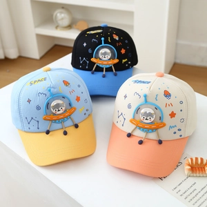 Kids baseball cap with space theme, UFO cartoon design and bold color blocking patterns