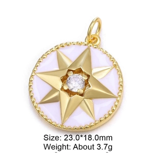 Detail view of 23.0x18.0mm gold octagonal star pendant with pink enamel and zircon