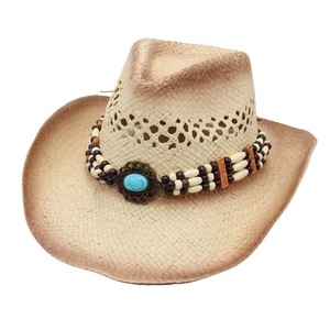 Pink western straw cowboy hat with turquoise gemstone and beaded trim for beach sun protection
