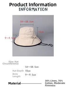Size guide for linen cotton sun hat showing circumference and brim dimensions