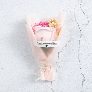 Mini soap rose and dried gypsophila bouquet in Happiness is with you frosted wrap
