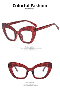 Macro shot of oversized cat eye glasses frame with purple and red tortoiseshell texture