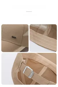 Detail of khaki breathable mesh baseball cap with silver metal fashion tag and adjustable buckle