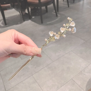 Vintage plum blossom hair pin with freshwater pearls and golden teardrop pendant