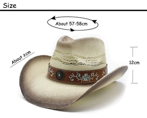 Detailed view of beige straw cowboy hat showing 57-58cm head circumference size specs