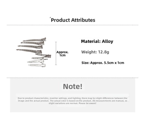 Détails techniques du lot de 5 barrettes métalliques avec dimensions et poids précis