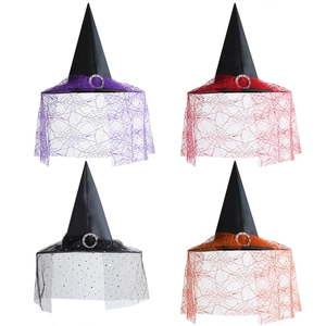 Halloween Witch Hat Pointed Costume Accessory Oxford Cloth Lace Spider Web Veil For Adult Kids Party Cosplay