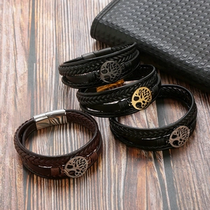 Handwoven leather bracelets with Tree of Life charms and magnetic clasp in assorted colors