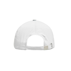 Adjustable back strap of white breathable waterproof baseball cap with silver buckle detail