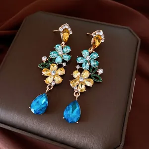 Multi Colored Crystal Flower Drop Earrings Alloy Rhinestone Water Drop Retro Palace Style With Silver Earring Post For Women