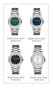 Group shot of square steel quartz watches with green, blue, black and white dials