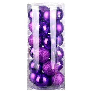 Purple Christmas ball set with matte and glitter finishes in cylindrical clear box