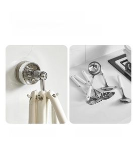 Detail of 360-degree rotating 6-claw kitchen hook showing tidy tool storage vs messy counter