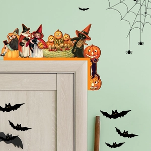 Vintage Halloween door corner decor featuring witches and bats on white wooden frames