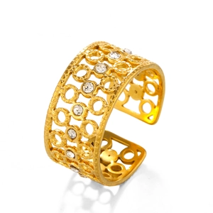 18K gold plated stainless steel open ring with hollow geometric circles and zircon stones