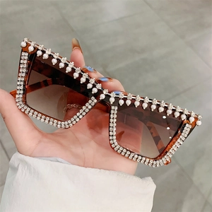 Fashion oversized square tortoise sunglasses with pearl and rhinestone embellishments