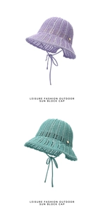 Detail of hollow knit sun bucket hats with wave texture and adjustable drawstring ties