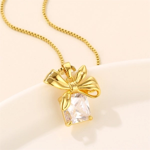 18K gold plated stainless steel bow necklace with square zircon pendant for women