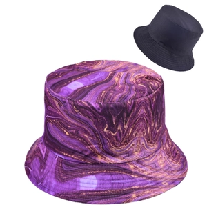Reversible bucket hat with purple marble print and classic black solid color design