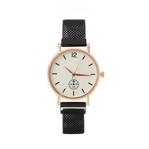 Women's rose gold watch with cream dial, black Milanese strap and small seconds sub-dial