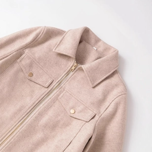 Women's casual soft zipper jacket in beige pink with gold buttons and wool-like texture