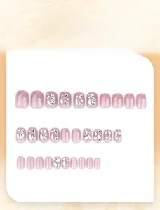 Detailed flat lay of pink gradient press-on nails with silver glitter and rhinestones
