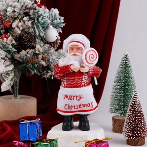 Detailed view of standing chef Santa Claus plush with candy cane and snow base