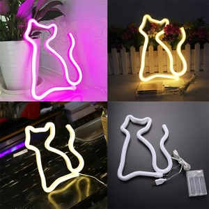 Cat-shaped LED neon sign with USB and battery power options in three lighting colors