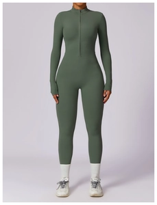 Detail of olive green yoga unitard featuring stand collar and functional half-zipper