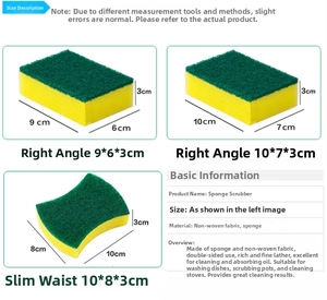 Detailed size chart for kitchen sponges including rectangle and hourglass shapes