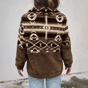 Dettaglio della giacca in pile marrone con motivo azteco e texture in sherpa sul retro