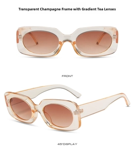 Detail view of champagne square sunglasses with gradient brown lenses in two angles