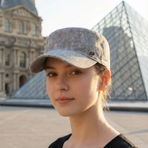 Men's vintage washed grey cadet cap with metal logo, outdoor lifestyle at the Louvre