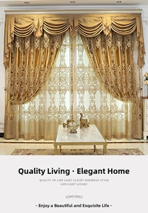 Close-up of golden European luxury valance with intricate damask floral embroidery
