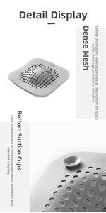 Detailed macro view of gray silicone drain cover with suction cups and mesh holes