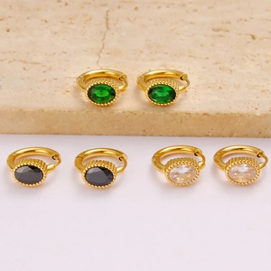 Vintage 18K gold plated stainless steel hoops with green, black, and clear zircon stones