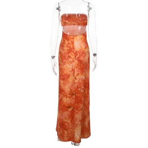 Rear view of slim fit tube top maxi dress with orange abstract floral print patterns
