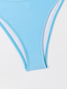 Detail view of sky blue bikini bottoms with durable double-stitched seams and white lining