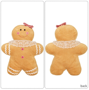 Front and back detail of a yellow plush gingerbread man pillow with a lace collar and bow