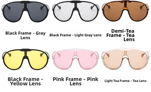 Selection of oversized shield sunglasses in various colors with metallic temple details