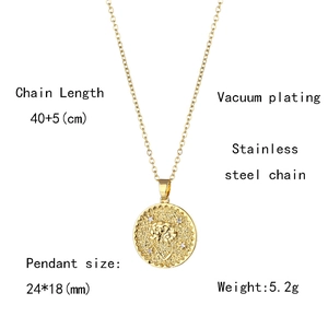Detailed specs for gold birth flower coin necklace with vacuum plated stainless steel chain