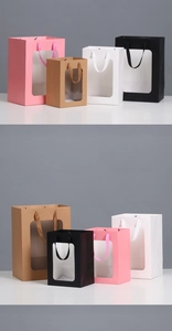 Transparent window gift bags in pink, brown, white and black colors and various sizes