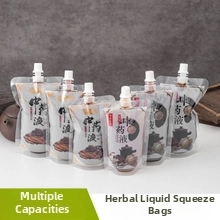 Detail of spouted liquid pouches with leak-proof caps and traditional herbal patterns