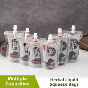 Detail view of liquid medicine pouches with spouts and leak-proof caps in various sizes