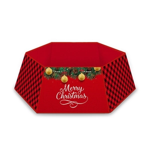Red and black buffalo plaid hexagonal Christmas tree collar with Merry Christmas print